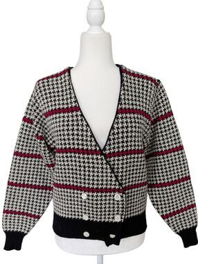 Robert Scott Womens White Houndstooth Vintage Wool V-Neck Cardigan Sweater Small